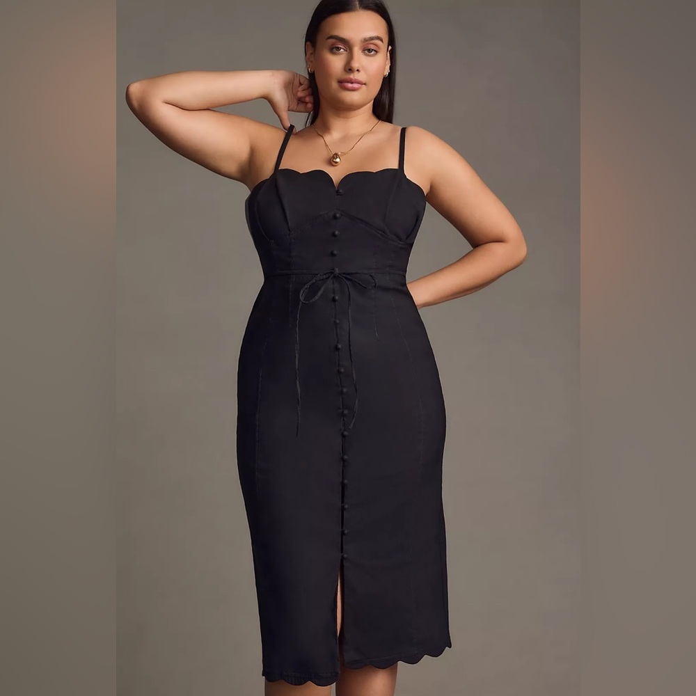 Anthropologie Slim Scalloped Front Slit Corset Midi Dress 14 Black whimsigoth - Picture 4 of 16